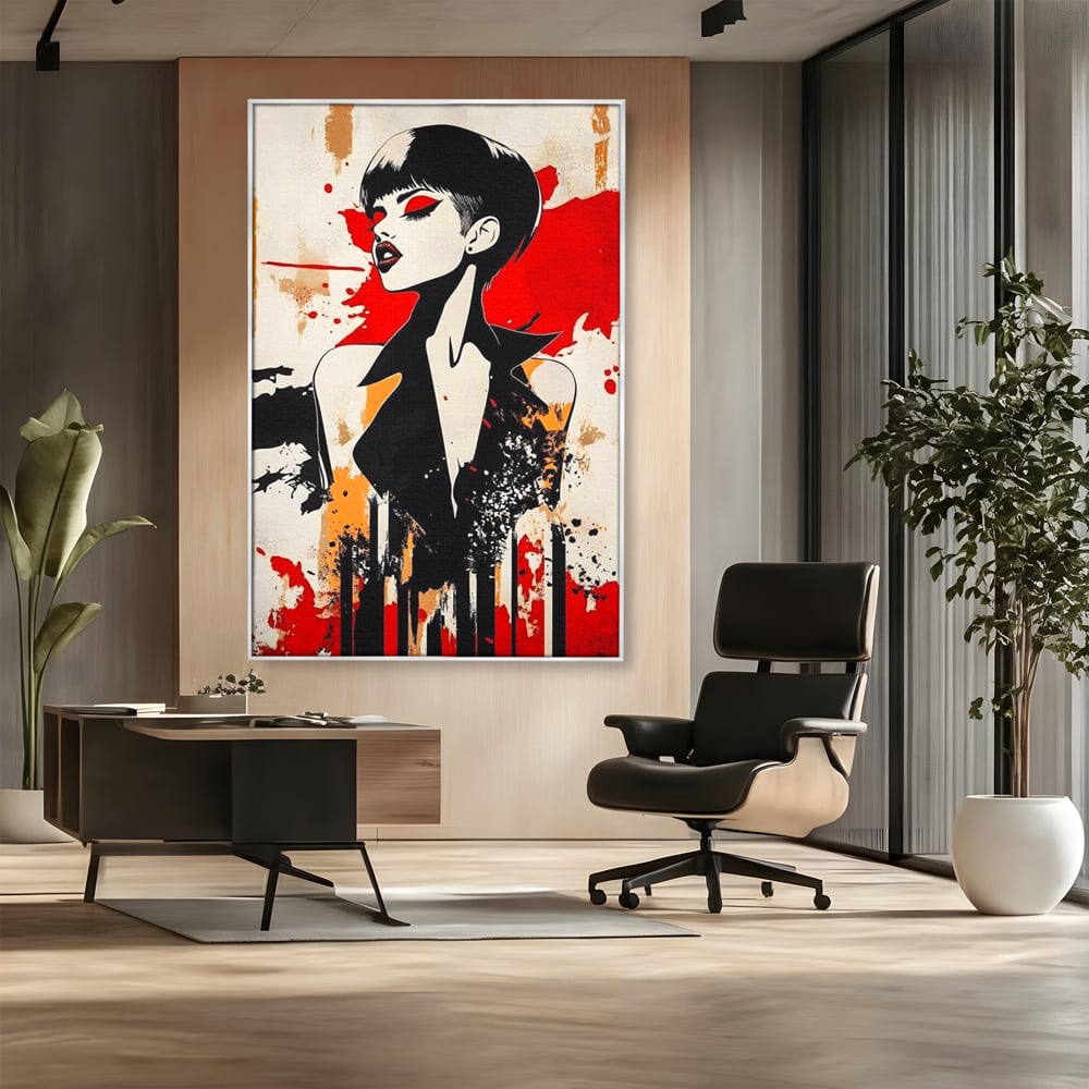 Tablou canvas cu tablou canvas cu portret de femeie stilizat, in rama de aluminiu argintiu, pe perete intr-un birou